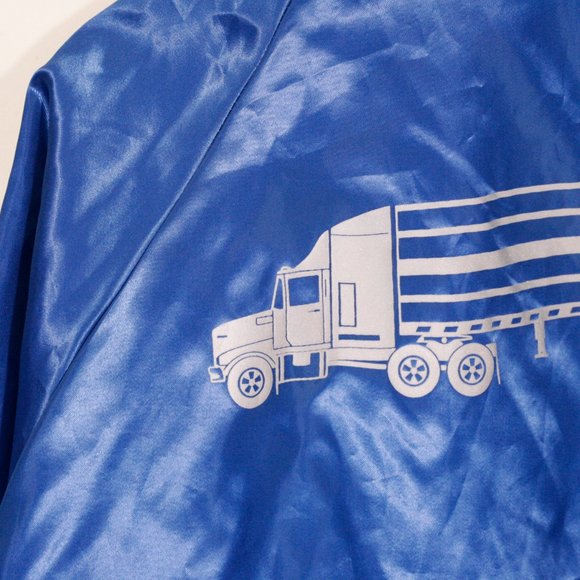 Vintage 80s Trucker Satin Bomber Style Jacket Snap Cardinal USA Reflective Blue - Picture 9 of 10